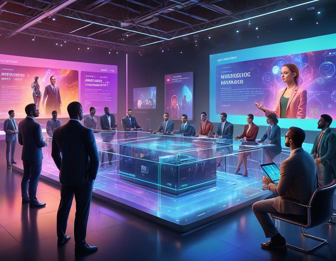 A futuristic auction scene with sleek, holographic bidding interfaces and people from diverse backgrounds actively engaging in the auction, showcasing the energy and excitement of modern auctions. The auctioneer uses advanced technology to manage bids, with a backdrop of digital marketplaces and bidders participating through large transparent screens. super-realistic. vibrant colors. 3D.